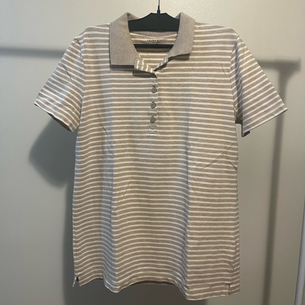 Laura Scott Beige Striped Polo Shirt